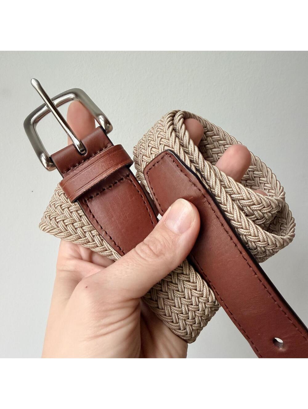 Haggar Braided Beige and Brown Genuine Leather Belt with Silver Buckle Size 44